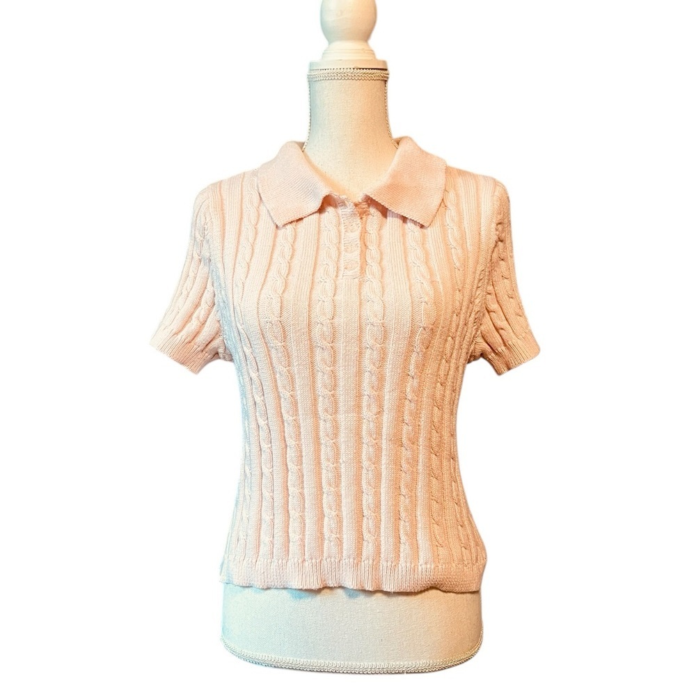 525 America Blush Cable Knit Polo Sweater Top Size Large